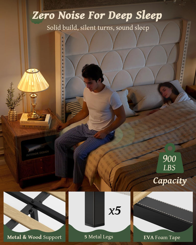OHOHOLIVE King Size Bed Frame with 56" Headboard - 1000LBS Capacity Support, Velvet Upholstered Wingback Platform Bed Frame, Noise Free, Sturdy Wooden Slat Support