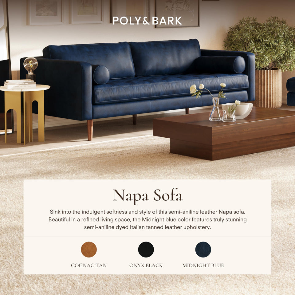 POLY & BARK Napa 72" Apartment Sofa – Italian-Tanned Full-Grain Pure-Aniline or Semi-Aniline Leather, Feather-Down Cushioning, Kiln-Dried Solid Wood Frame, Walnut Legs - Cognac Tan