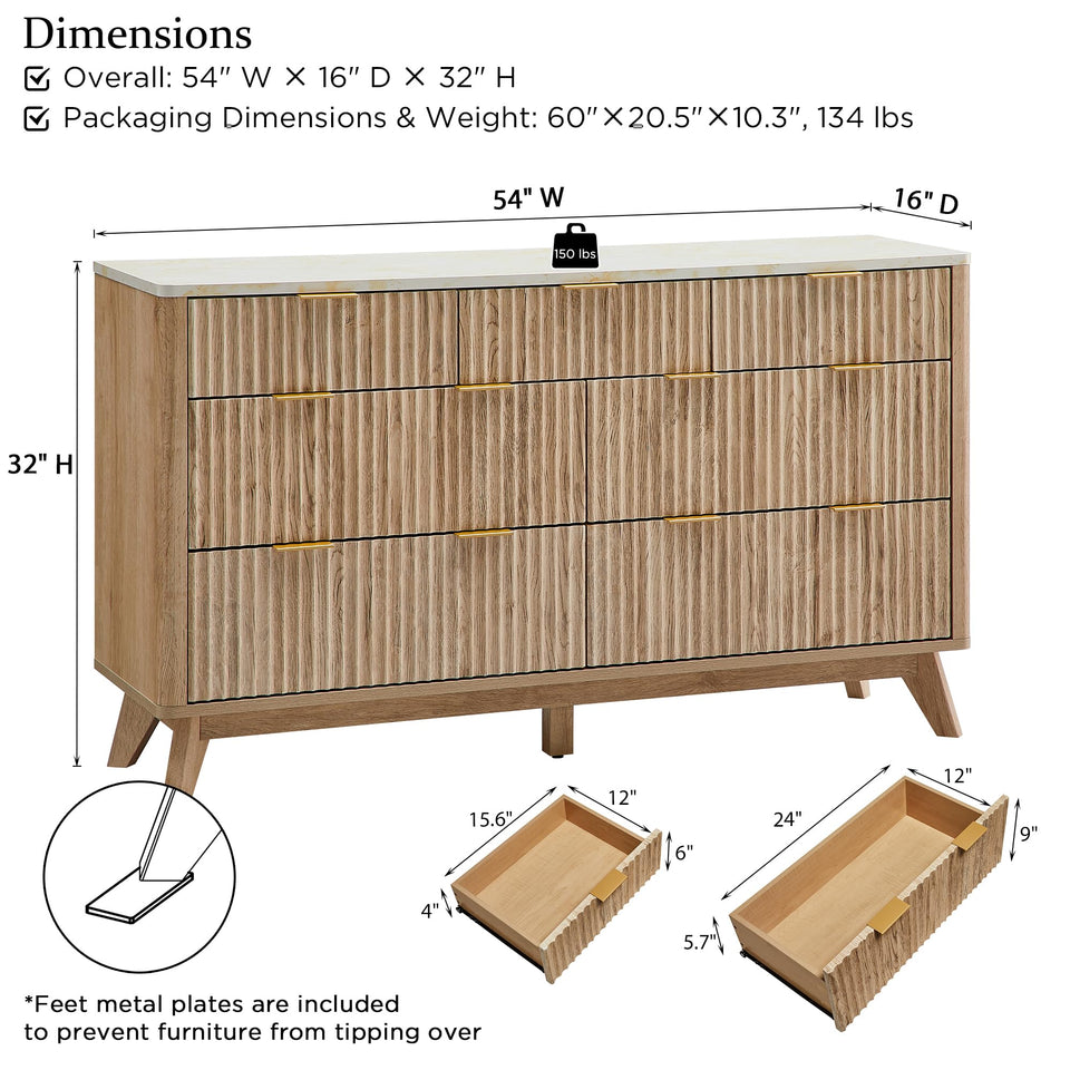 T4TREAM Fluted 7 Drawers Dresser, 54" Wide Modern Chest of Drawers with Faux Marble Top, Curved Profile Design, Dresser TV Stand, Wood Drawer Organizer for Bedroom, Living Room, Hallway, Natural Oak