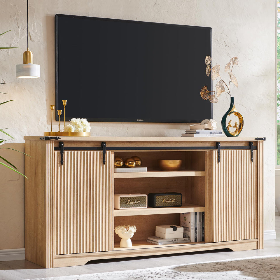 JXQTLINGMU Farmhouse TV Stand for 75+ Inch TV, 32" Tall Entertainment Center w/4 Drawers & Sliding Barn Door, Rustic Media Console w/Storage Shelves, 66" Wood Television Stand for Living Room, Brown