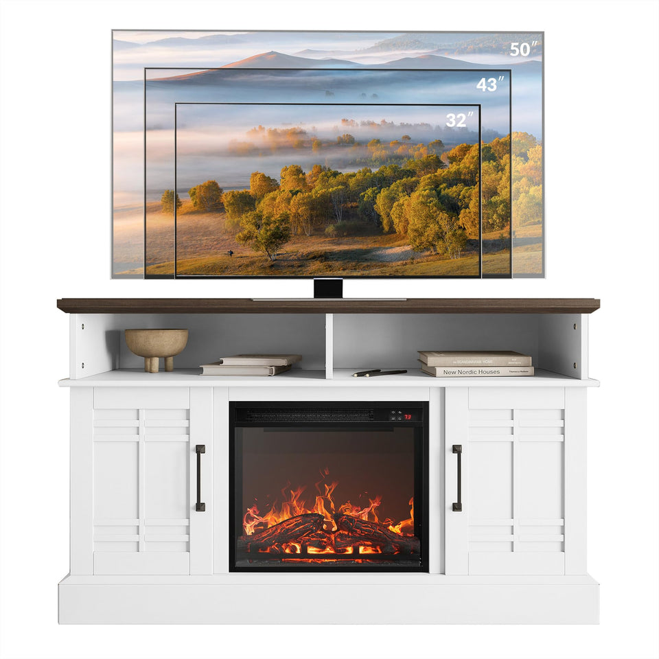 BELLEZE Traditional 58" Rustic TV Stand with 23" Electric Fireplace Heater with Sound, Media Entertainment Center Console Table for TV up to 65" with Open Storage Shelves and Cabinets - Espresso