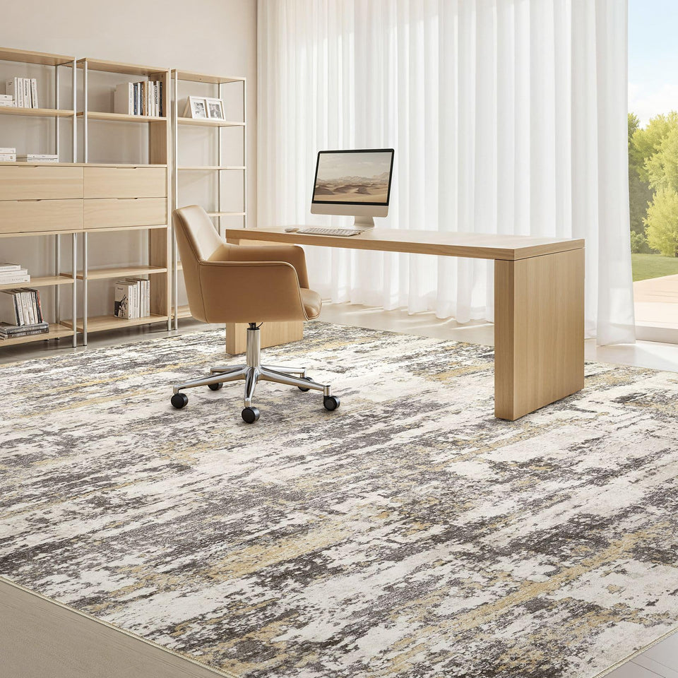 Area Rugs for Living Room: 12x15 Abstract Washable Rug Modern Neutral Large Soft Stain Resistant Non-Slip Backing Machine Table for Bedroom Dining Room Indoor Home Office Carpet - Gold Brown