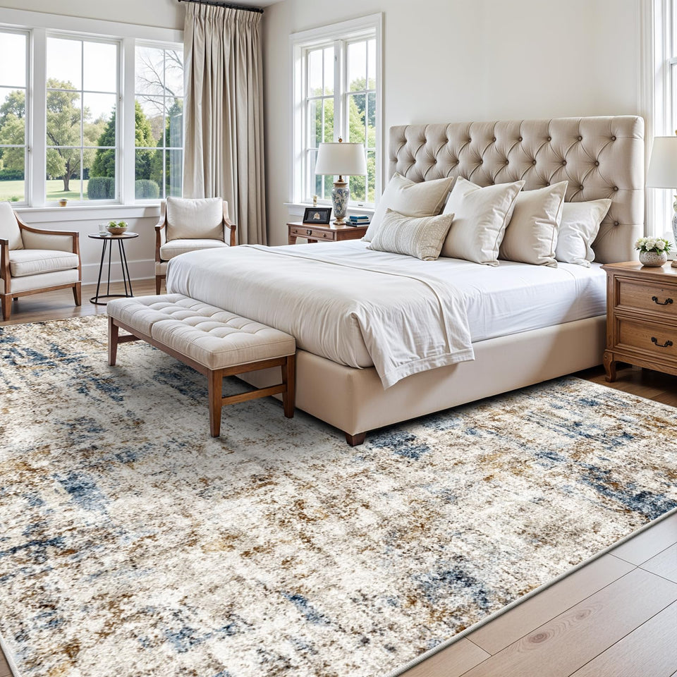 12x15 Area Rug for Living Room – Large Modern Neutral Abstract Thin Washable Carpet, Soft Low Pile Non-Slip Stain-Resistant for Bedroom Dining Room Home Office (Beige Grey)