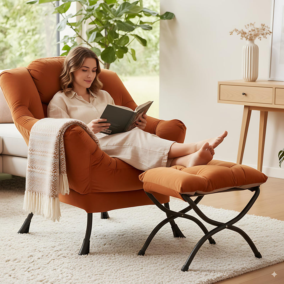 LITA Lazy Chair with Ottoman, Modern Accent Leisure Upholstered Lazy Sofa Armchair, Contemporary Lounge Reading Chair with Armrests and a Side Pocket for Living Room, Bedroom & Small Space, Dark Grey