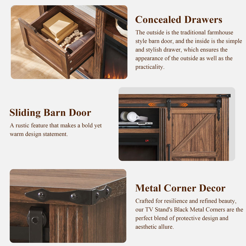 JXQTLINGMU Farmhouse TV Stand for 75+ Inch TV, 32" Tall Entertainment Center w/4 Drawers & Sliding Barn Door, Rustic Media Console w/Storage Shelves, 66" Wood Television Stand for Living Room, Brown