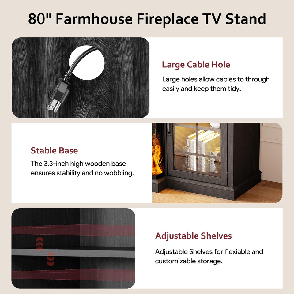 oneinmil 36 Inch 3-Sided Glass Fireplace TV Stand for TVs up to 80", Rustic Media Entertainment Center Console Table with Glass Door Closed Storage, Set of TV Table, White