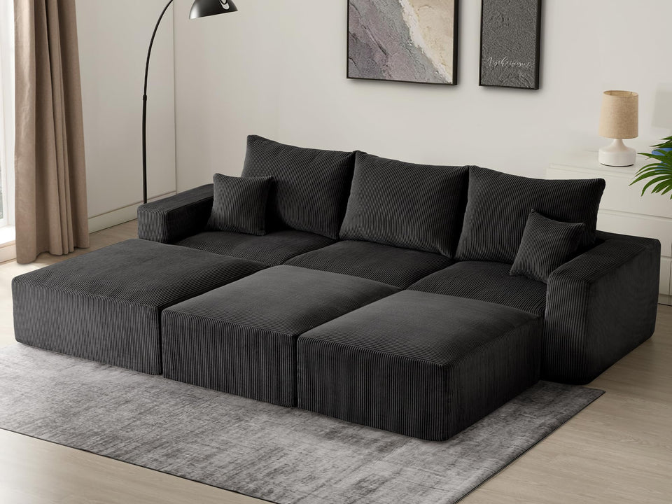 Sectional Cloud Boneless Sofa Couches for Living Room-113'' Beige 3 Seater U-Shaped Modern Lounge Couch-No Assembly Modular Corduroy Convertible Sponge Sleeper Sofas with Chaise for Home House