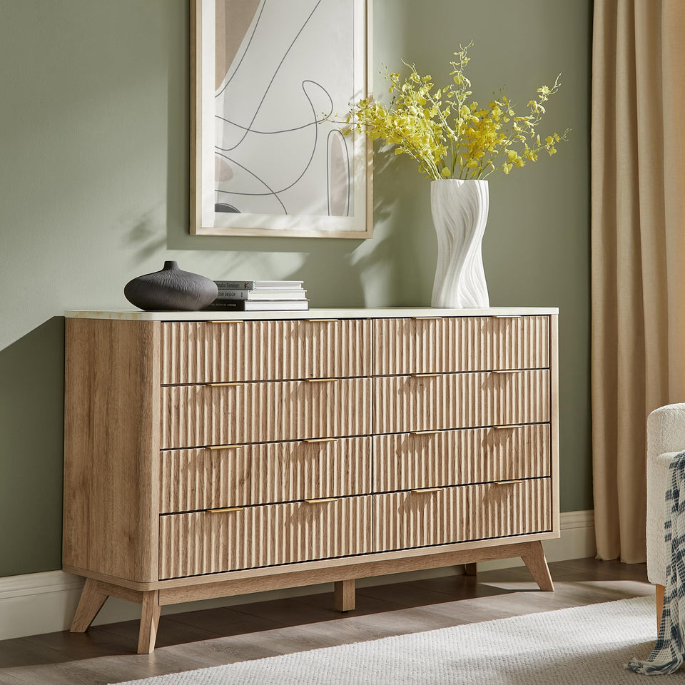 T4TREAM Fluted 7 Drawers Dresser, 54" Wide Modern Chest of Drawers with Faux Marble Top, Curved Profile Design, Dresser TV Stand, Wood Drawer Organizer for Bedroom, Living Room, Hallway, Natural Oak