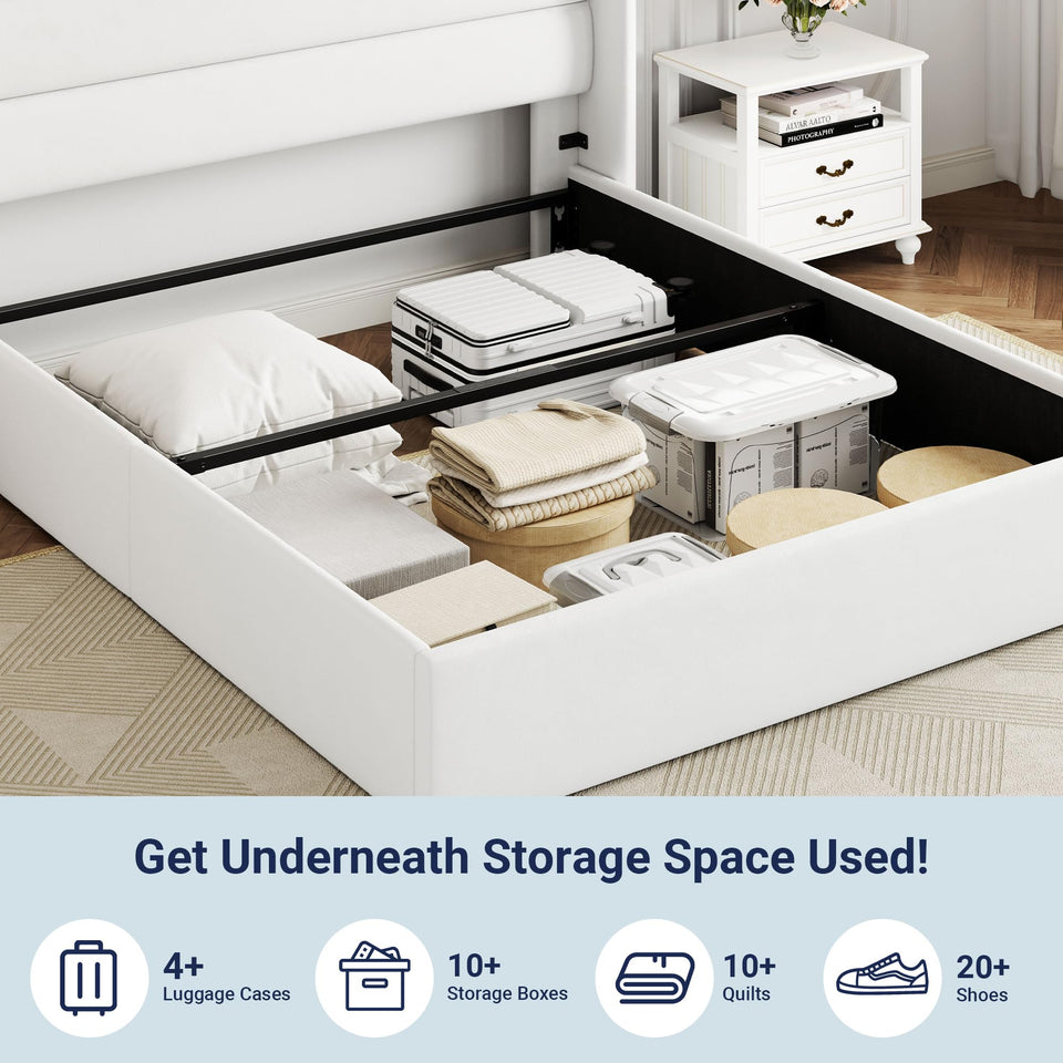 Allewie King Size Lift Up Storage Bed, Modern Wingback Headboard, Hydraulic Support, No Box Spring Needed, Light Beige