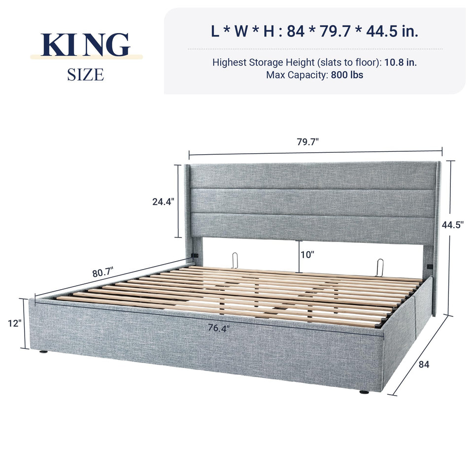 Allewie King Size Lift Up Storage Bed, Modern Wingback Headboard, Hydraulic Support, No Box Spring Needed, Light Beige