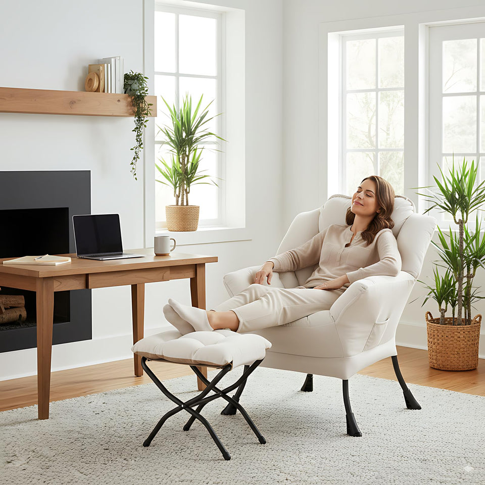 LITA Lazy Chair with Ottoman, Modern Accent Leisure Upholstered Lazy Sofa Armchair, Contemporary Lounge Reading Chair with Armrests and a Side Pocket for Living Room, Bedroom & Small Space, Dark Grey