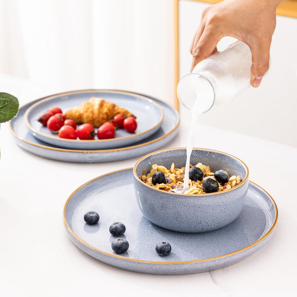 GBHOME Ceramic Dinnerware Sets for 8, 24 Pieces Stoneware Plates and Bowls Sets, Scratch Resistant Dishes, Dishwasher & Microwave Safe, Reactive Glaze-Green Wheat