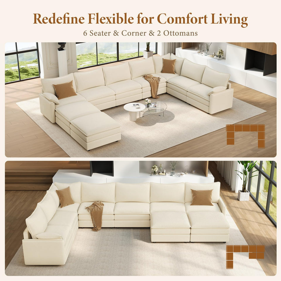 Vesgantti 142" U Shaped Sectional Couch, Comfy Cloud Modular Sectional Sofa with 2 Ottoman Deep Seat Chenille Modern Cloud Sofa, Modular Sofas for Living Room, Bedroom and Apartment, Beige