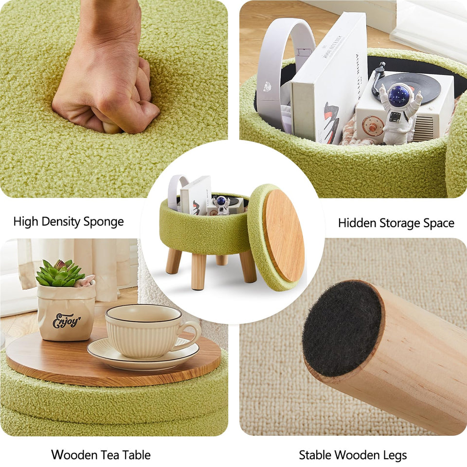 Wimarsbon Storage Ottoman, Modern Round Footrest with Soft Padded Seat, Teddy Velvet Footstool with Wood Legs, Accent Small Table or Plant Stand for Hallway, Living Room (Cream)