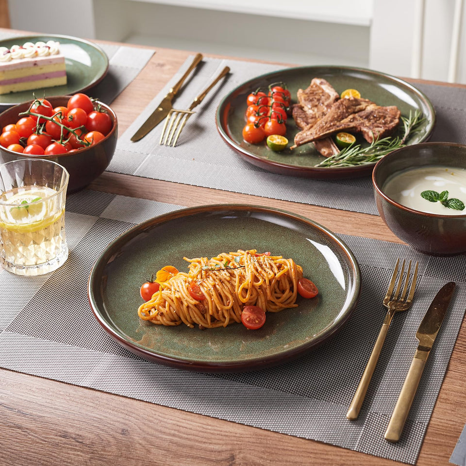 Pokini 24 Piece Dinnerware Sets for 8, Modern Stoneware Plates and Bowls Setst, Perfect for Family Gatherings & Holiday Celebrations, Easy Cleaning Dishes Set, Stack Compactly Dishware, Brown Green