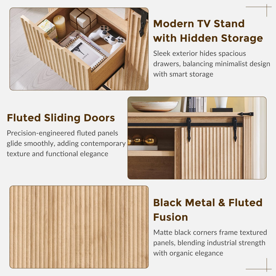 JXQTLINGMU Farmhouse TV Stand for 75+ Inch TV, 32" Tall Entertainment Center w/4 Drawers & Sliding Barn Door, Rustic Media Console w/Storage Shelves, 66" Wood Television Stand for Living Room, Brown