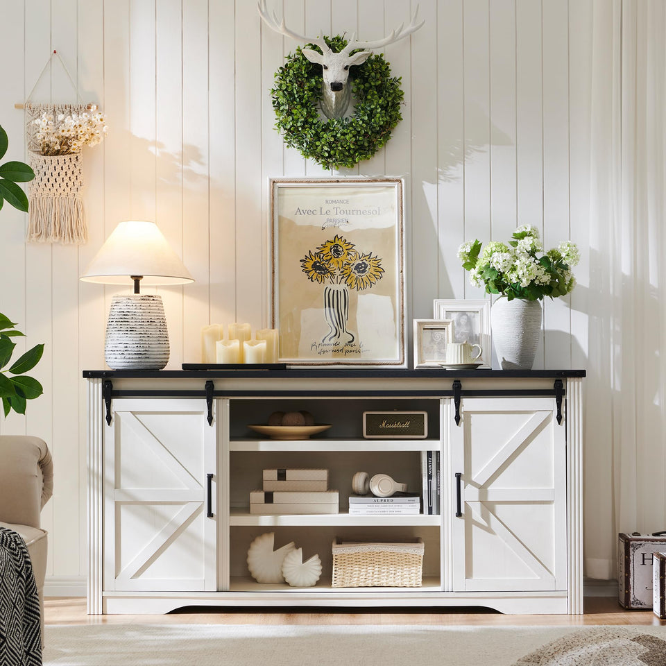 JXQTLINGMU Farmhouse TV Stand for 75+ Inch TV, 32" Tall Entertainment Center w/4 Drawers & Sliding Barn Door, Rustic Media Console w/Storage Shelves, 66" Wood Television Stand for Living Room, Brown