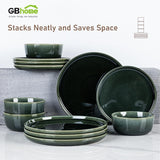 GBHOME Ceramic Dinnerware Sets for 8, 24 Pieces Stoneware Plates and Bowls Sets, Scratch Resistant Dishes, Dishwasher & Microwave Safe, Reactive Glaze-Green Wheat
