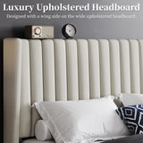 Yaheetech King Bed Frame Upholstered Platform Bed with Fabric Headboard, Wing Edge Design/Non-Slip and Noise-Free/Wooden Slats Support/No Box Spring Needed/Easy Assembly, Ivory King Bed