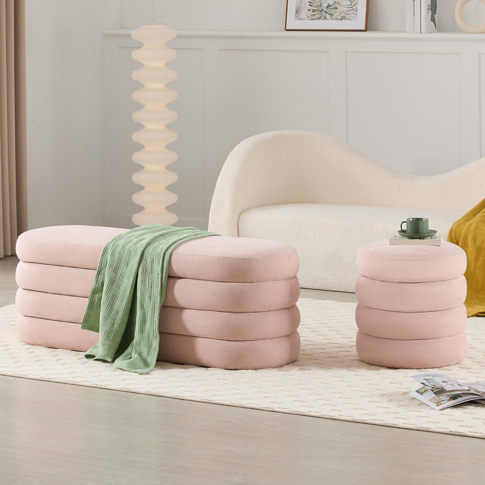 Busaurus Storage Ottoman Bench 49.2 Inch Upholstered Fabric Storage Bench for Bedroom End of Bed Aesthetic Large Oval Ottoman for Living Room Entryway (Ivory)