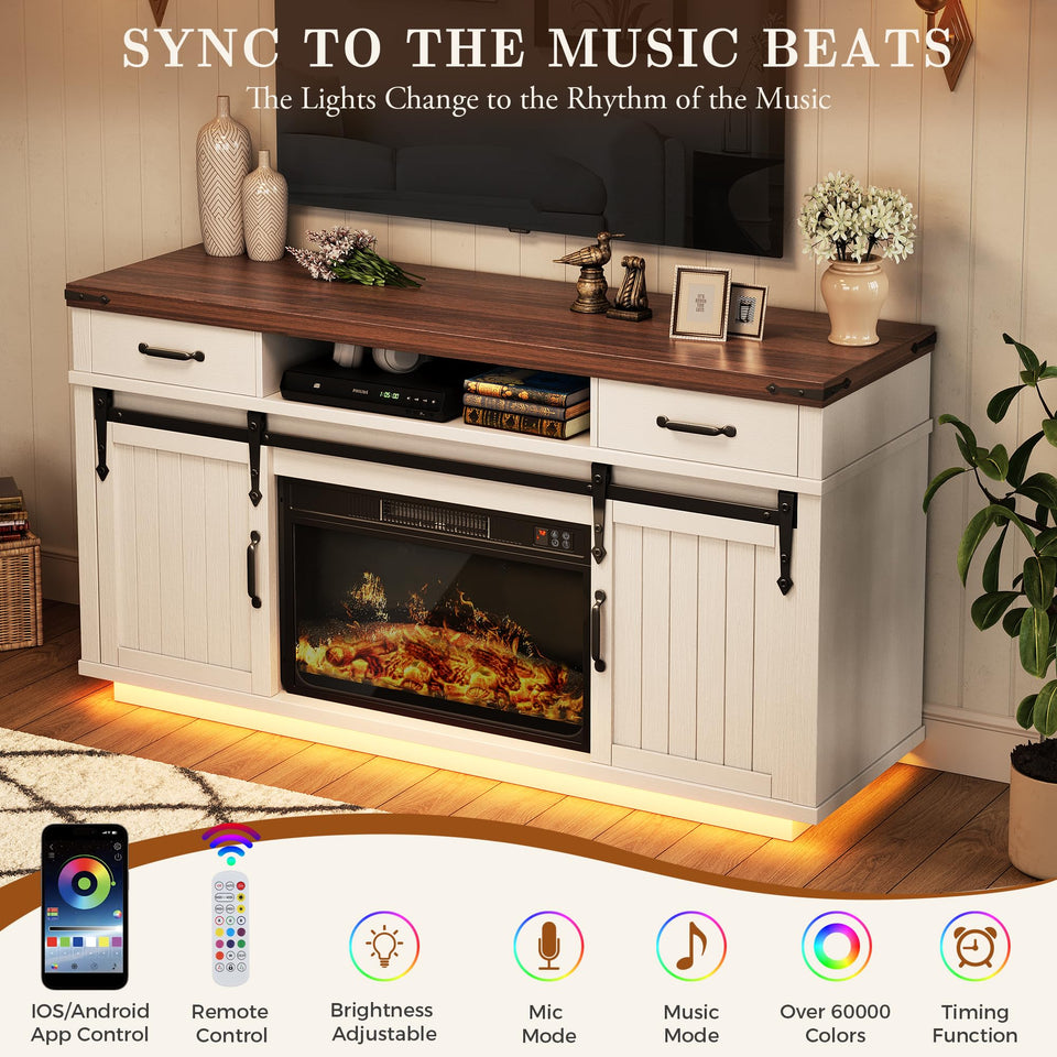 59'' Fireplace TV Stand with 3D Flame Electric Fireplace Heater, 34'' Tall Farmhouse TV Stand for 65 Inch TV, Entertainment Center TV Console with 2 Drawers, Sliding Barn Door for Living Room - White