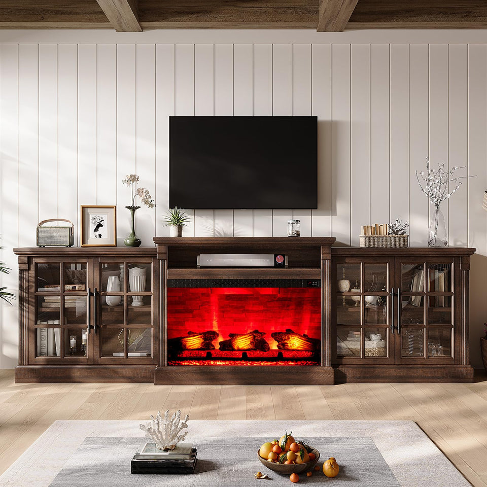 LUXOAK 97" Farmhouse TV Stand with 33" Fireplace for TVs up to 100", Media Entertainment Center with Large Storage Cabinet and Adjustable Shelves for Living Room, White/Barnwood