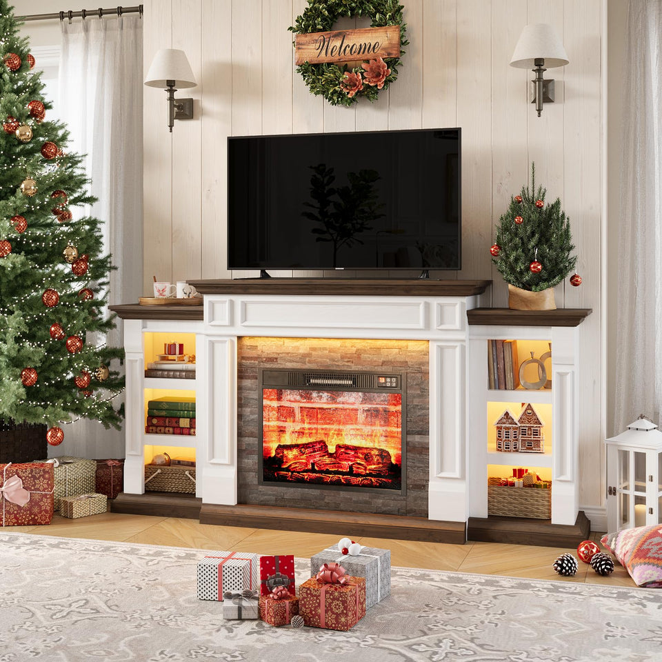 LGHM 72" Electric Fireplace with Mantel, Fireplace TV Stand for TVs Up to 80 Inch, Modern Entertainment Center with Storage, Realistic Stacked Stone Surround with Remote Control for Living Room