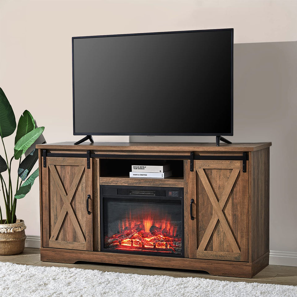 AMERLIFE Fireplace TV Stand with Sliding Barn Door for TVs up to 73", Farmhouse 63" Fireplace Entertainment Center with Storage Cabinets/Adjustable Shelves, Distressed White & Barnwood