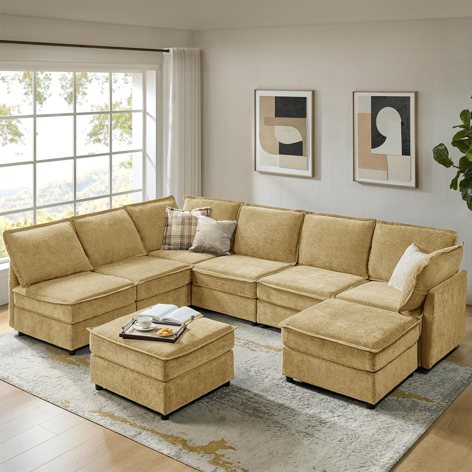 HULALA HOME 127'' Modular Sectional Sofa, Oversized U Shaped Couch with Storage Ottoman, Comfy Chenille Sofa with Deep Seat, 6 Seat Convertible Couches for Living Room, Beige