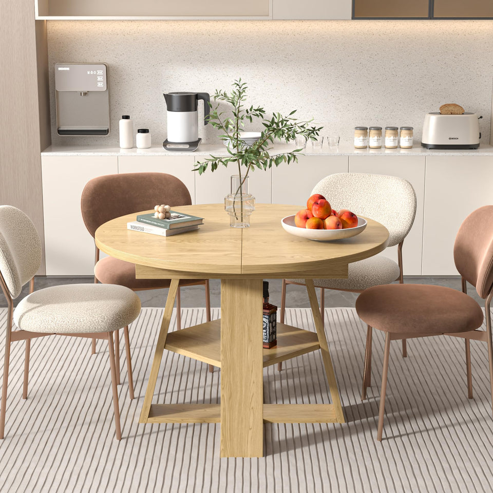 43.3in-59in Extendable Round Dining Table for 4-8,Modern Kitchen Oval Dining Table with Removable Leaves Space Saving,Wood Base with Storage Shelf for Kitchen Living Room (Walnut)