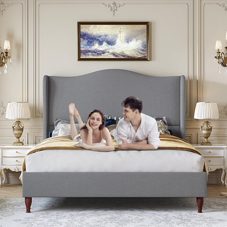 koorlian King Size Bed Frame Upholstered Platform Bed with 51" Tall Headboard Wingback, Soft Fabric, Retro Simple Style Platform Bed No Box Spring Needed, Easy Assembly, Beige