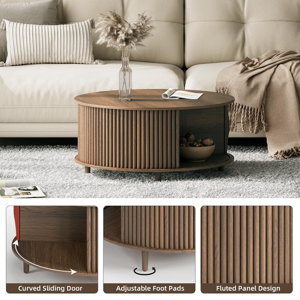 JOINICE, Round Coffee Table with Storage, Mid Century Modern Center Table with Sliding Cabinet Door, Fluted Dining Table for Living Room, Home Small Space, 31.5", Walnut