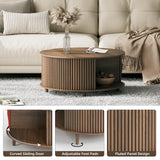 JOINICE, Round Coffee Table with Storage, Mid Century Modern Center Table with Sliding Cabinet Door, Fluted Dining Table for Living Room, Home Small Space, 31.5", Walnut