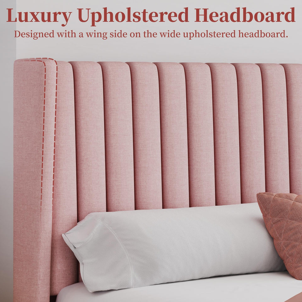 Yaheetech King Bed Frame Upholstered Platform Bed with Fabric Headboard, Wing Edge Design/Non-Slip and Noise-Free/Wooden Slats Support/No Box Spring Needed/Easy Assembly, Ivory King Bed