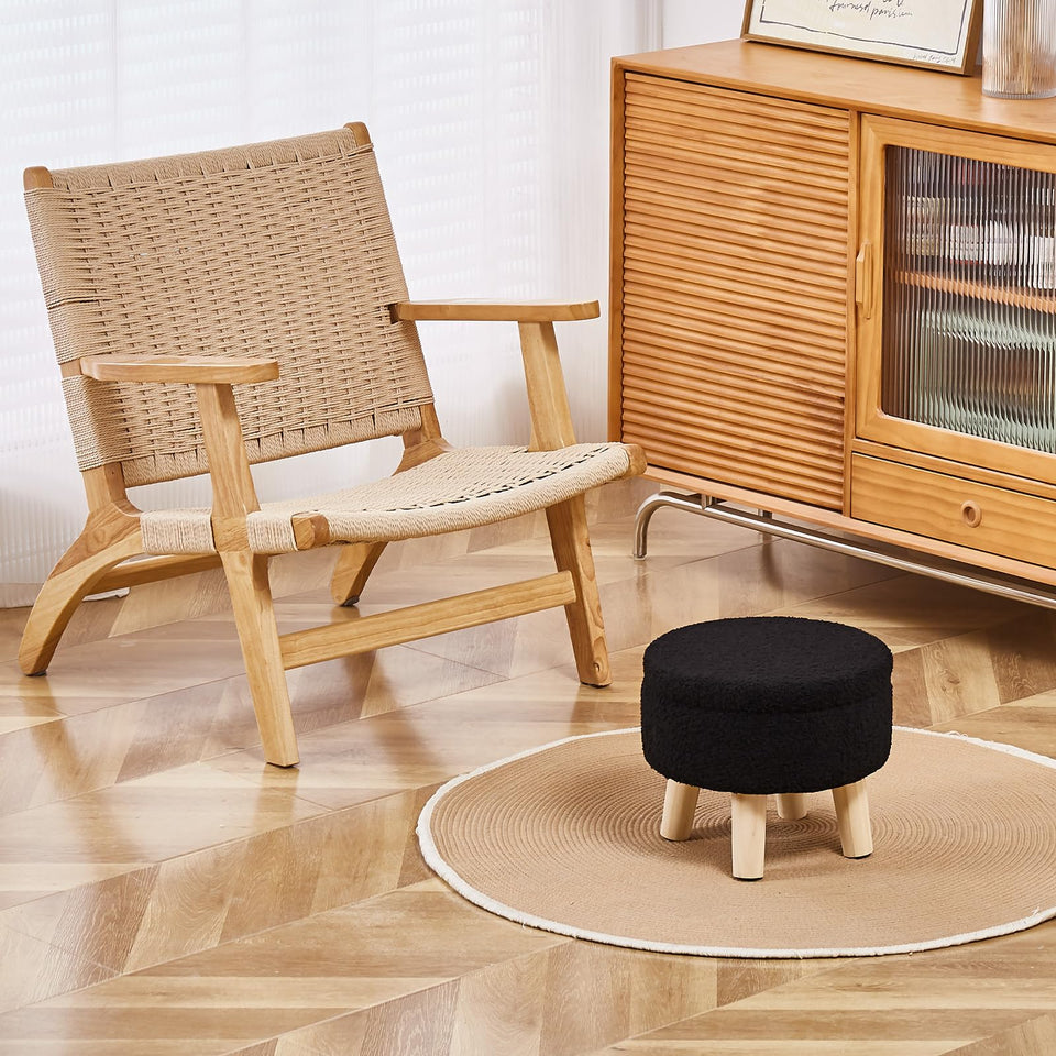 Wimarsbon Storage Ottoman, Modern Round Footrest with Soft Padded Seat, Teddy Velvet Footstool with Wood Legs, Accent Small Table or Plant Stand for Hallway, Living Room (Cream)