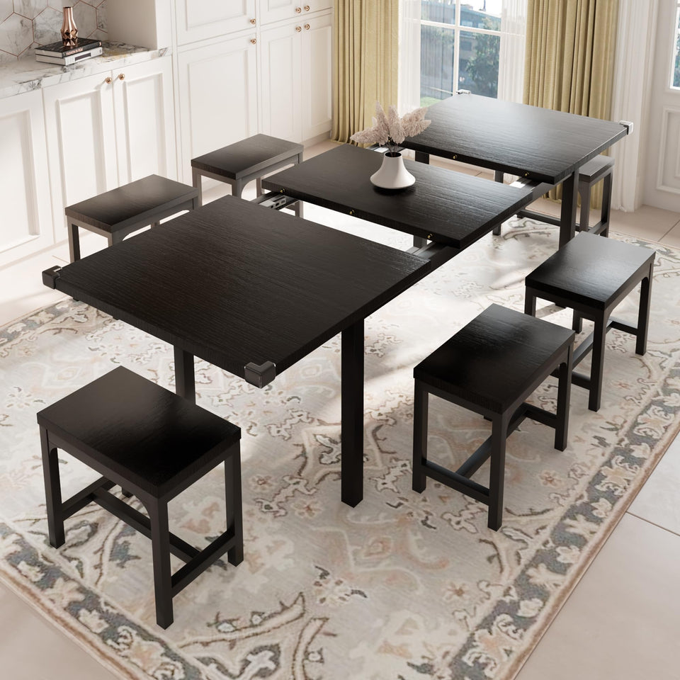 Feonase 5-Piece Dining Table Set for 4-8 People, 63" Large Extendable Kitchen Table Set with 2 Benches and 2 Square Stools, Dining Room Table with MDF Wood Board, Easy Assembly, Black