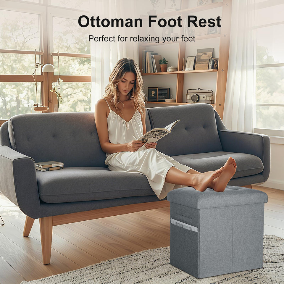 Storage Ottoman with Extra Thick Foam Padded Seat, Foldable Foot Rest Stool with Linen Fabric, 43L Ottoman with Storage Bench for Bedroom Living Room, Holds Up to 300lbs, 17x13x13in, Dark Gray