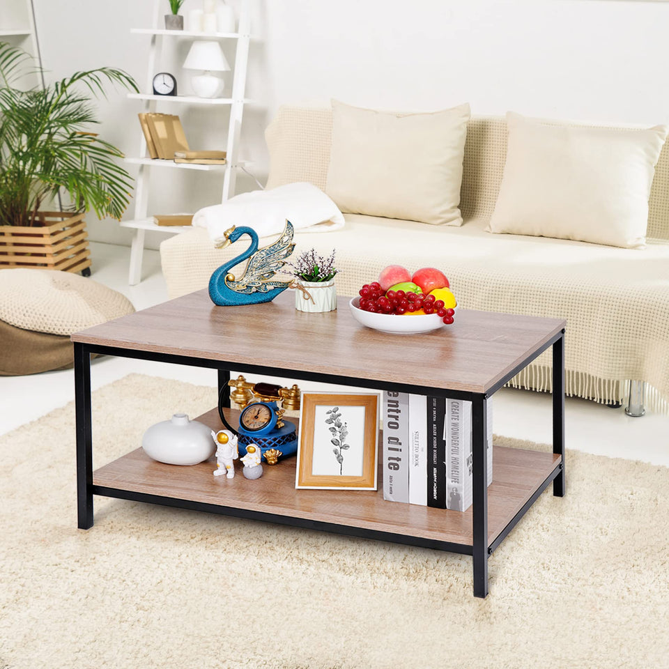 SUPER DEAL 2-Tier Industrial Coffee Table with Storage Shelf for Small Apartment Living Room, Rectangle Wood and Stable Metal TV Stand Side End Table, Rustic Brown
