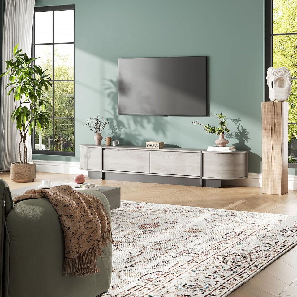 UKAOCAI 86.61'' Tambour TV Stand for 55-85 Inch, Modern Entertainment Center with Large Storage Cabinet & Open Shelves, TV Console with Sliding Doors for Living Room, Bedroom, Natural