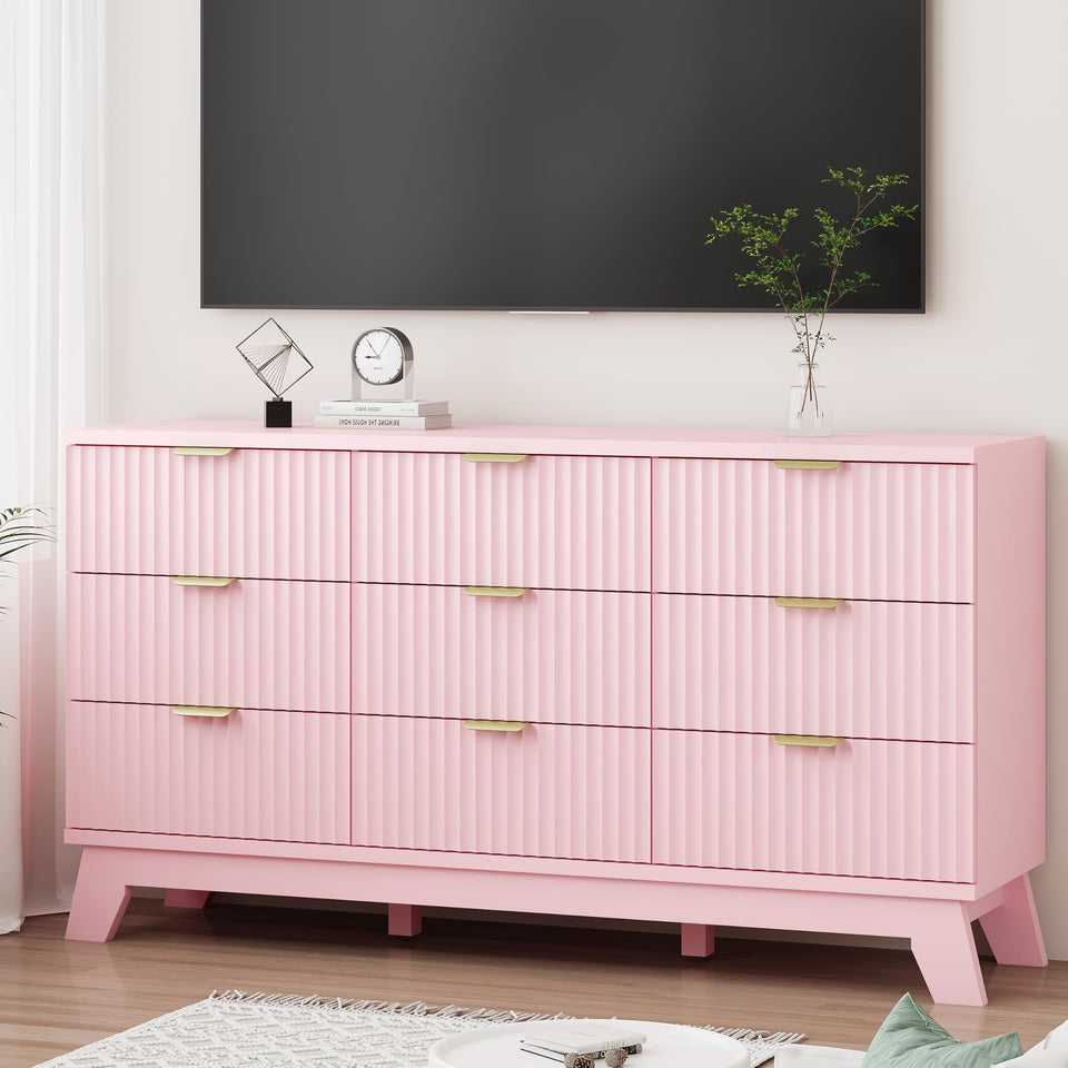 Fluted Dresser for Bedroom with 9 Drawers, 57" Wide Modern Chest of Drawers with Metal Handle, Wooden Dresser TV Stand, Wood Closet Clothes Storage Organizer for Living Room, Hallway, Natural Oak