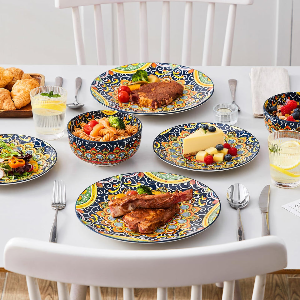 vancasso 24 Pieces Dinnerware Sets, Plates and Bowls Set, Porcelain Dishes Set for 6, Microwave and Dishwasher Safe, Scratch Resistant, Bohemian Style Dining Ware Service for 6, Series SIMI