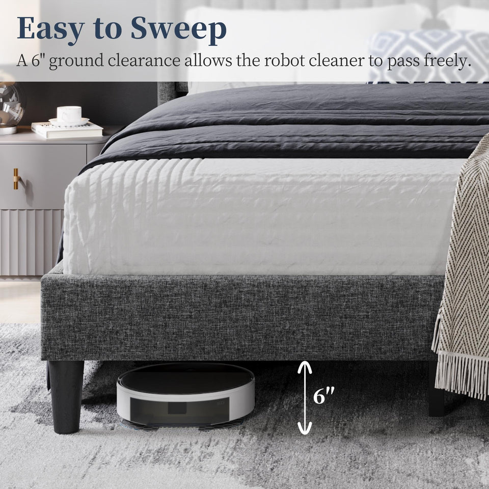 Yaheetech King Bed Frame Upholstered Platform Bed with Fabric Headboard, Wing Edge Design/Non-Slip and Noise-Free/Wooden Slats Support/No Box Spring Needed/Easy Assembly, Ivory King Bed