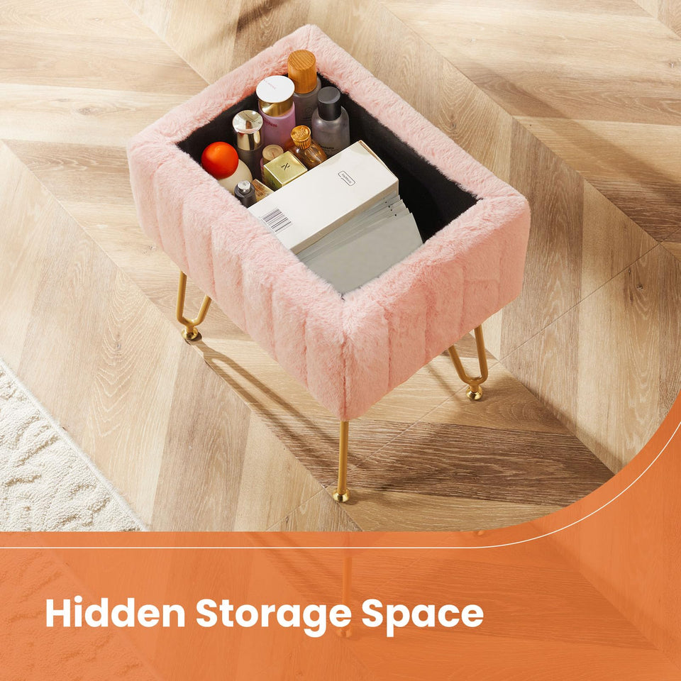 Sweetcrispy Vanity Stool Chair with Storage, Ottoman Faux Fur Soft Padded Makeup Footstools Seat with 4 Metal Legs Anti-Slip Adjustable Feet Modern Cute Small Footrest for Home Entryway Bedroom White