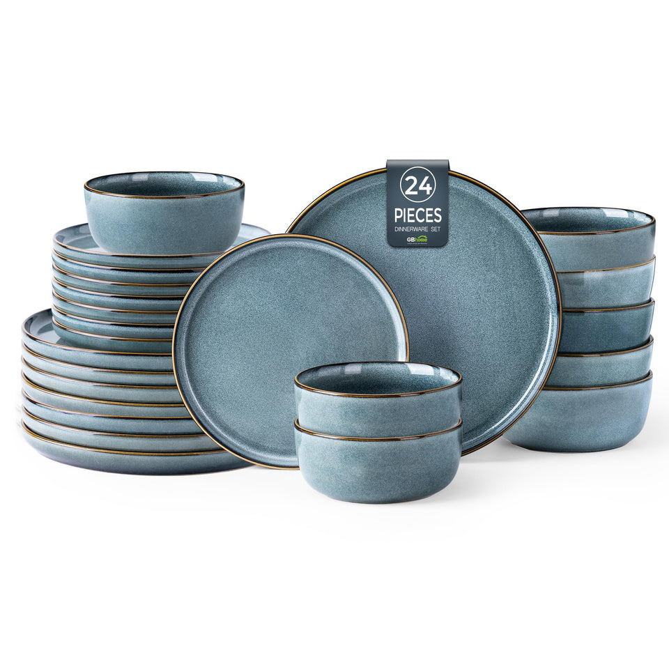 GBHOME Ceramic Dinnerware Sets for 8, 24 Pieces Stoneware Plates and Bowls Sets, Scratch Resistant Dishes, Dishwasher & Microwave Safe, Reactive Glaze-Green Wheat