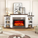 80" Fireplace TV Stand for TVs Up to 90 Inch, Electric Fireplace with Mantel, Farmhouse Entertainment Center with Storage, Realistic Stacked Stone Surround with Remote Control for Living Room