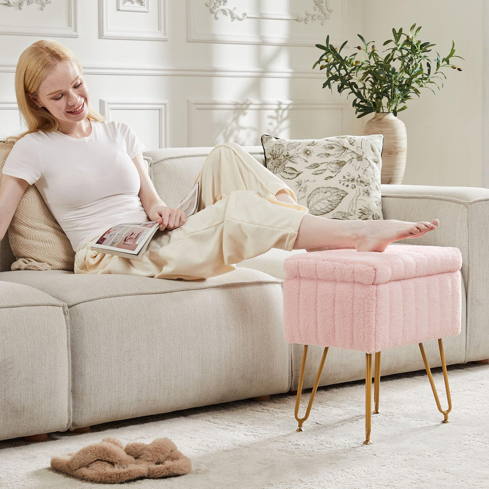 Sweetcrispy Vanity Stool Chair with Storage, Ottoman Faux Fur Soft Padded Makeup Footstools Seat with 4 Metal Legs Anti-Slip Adjustable Feet Modern Cute Small Footrest for Home Entryway Bedroom White