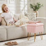 Sweetcrispy Vanity Stool Chair with Storage, Ottoman Faux Fur Soft Padded Makeup Footstools Seat with 4 Metal Legs Anti-Slip Adjustable Feet Modern Cute Small Footrest for Home Entryway Bedroom White