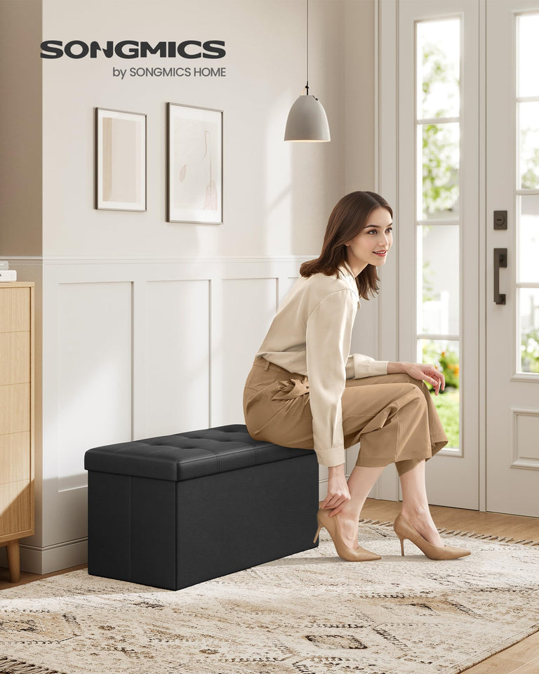 SONGMICS MAZIE Collection - 43 Inches Folding Storage Ottoman Bench, Ottoman with Storage, Foot Rest Stool, Load 660 lb, for Living Room, Synthetic Leather, Black ULSF701