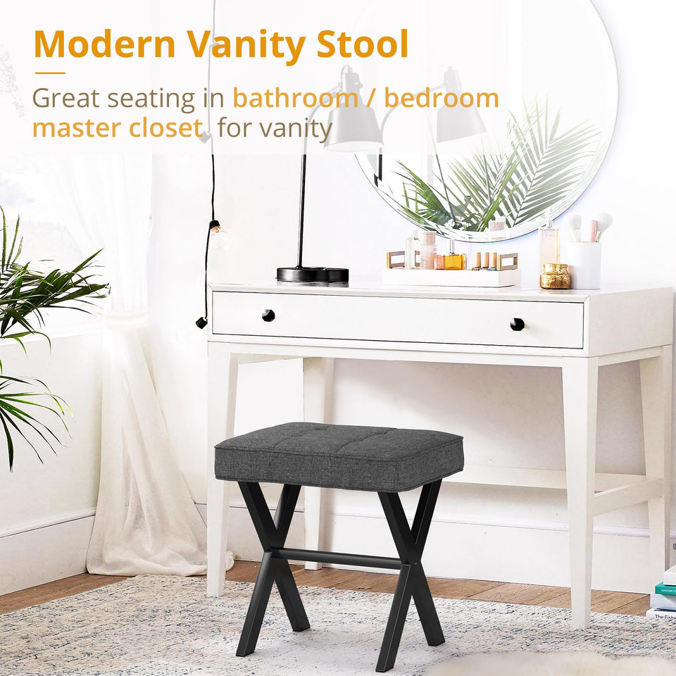 LUE BONA Square Linen Makeup Stool, Metal X Legs, Small Ottoman Stool Chair for Vanity, Modern Padded Seat Foot Rest for Makeup Room, Bathroom
