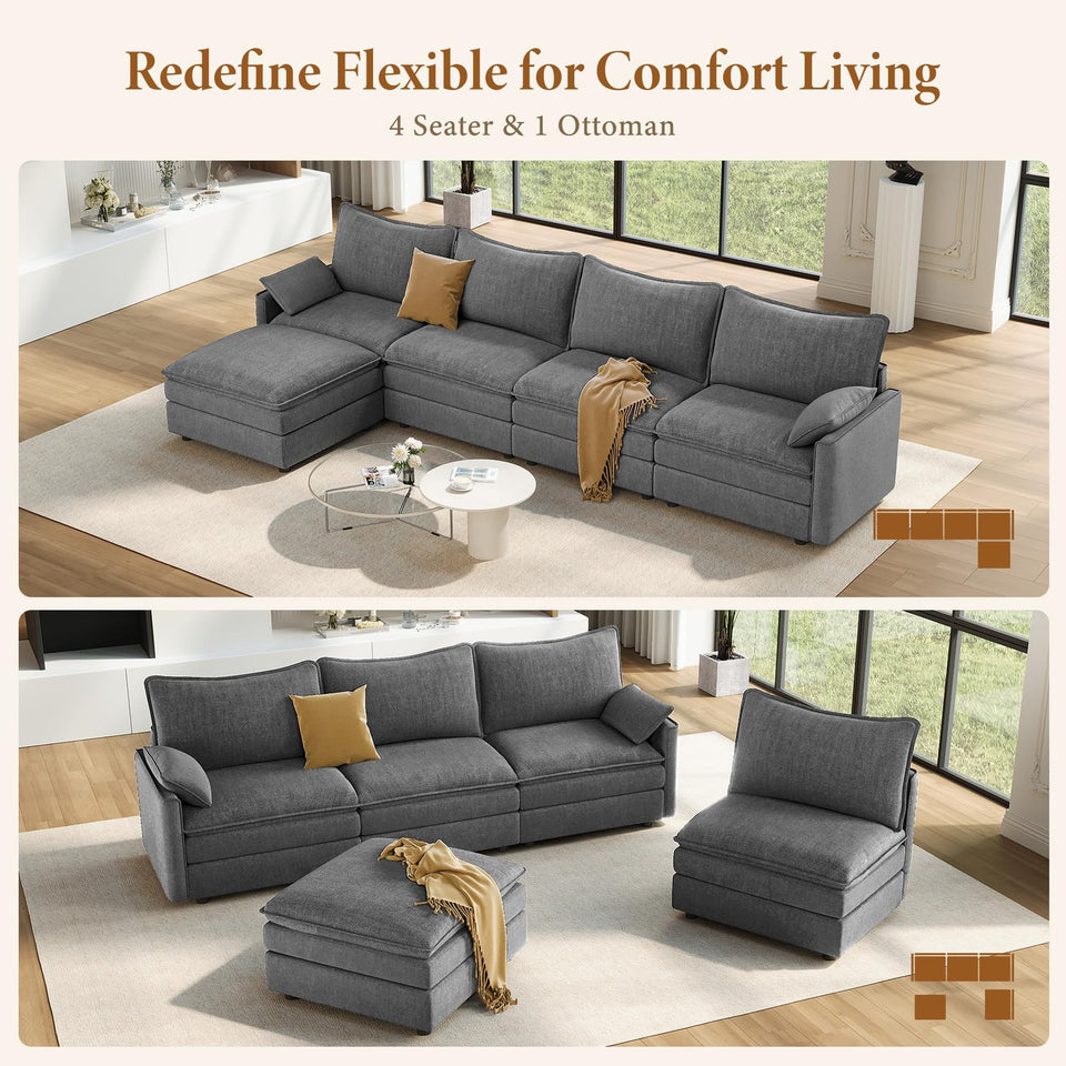 Vesgantti 142" U Shaped Sectional Couch, Comfy Cloud Modular Sectional Sofa with 2 Ottoman Deep Seat Chenille Modern Cloud Sofa, Modular Sofas for Living Room, Bedroom and Apartment, Beige